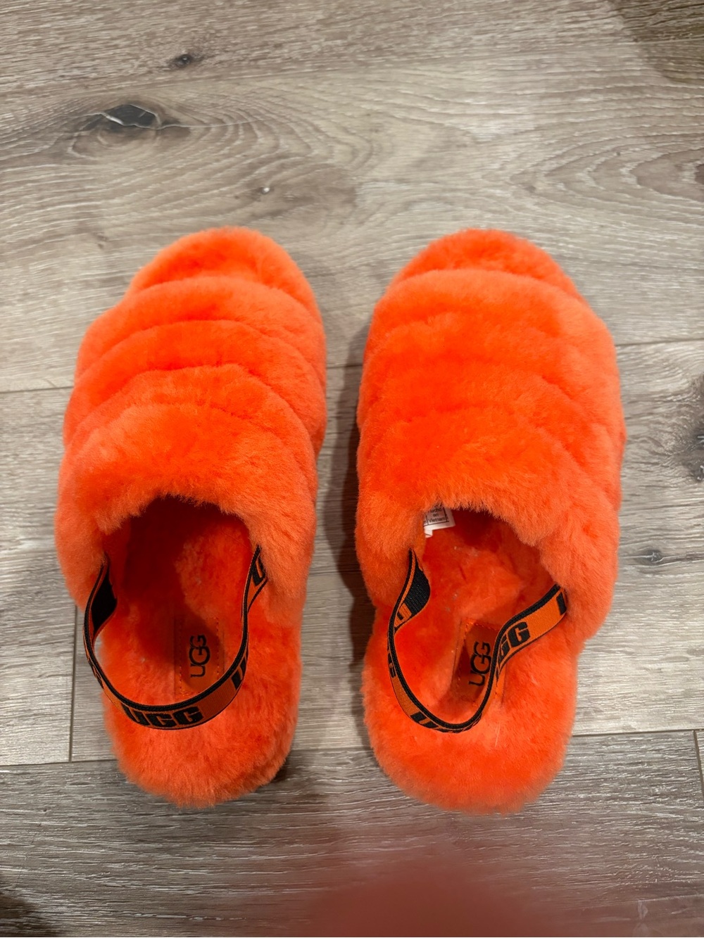 UGG Kids Orange Plush Slide Slippers with Branded Strap